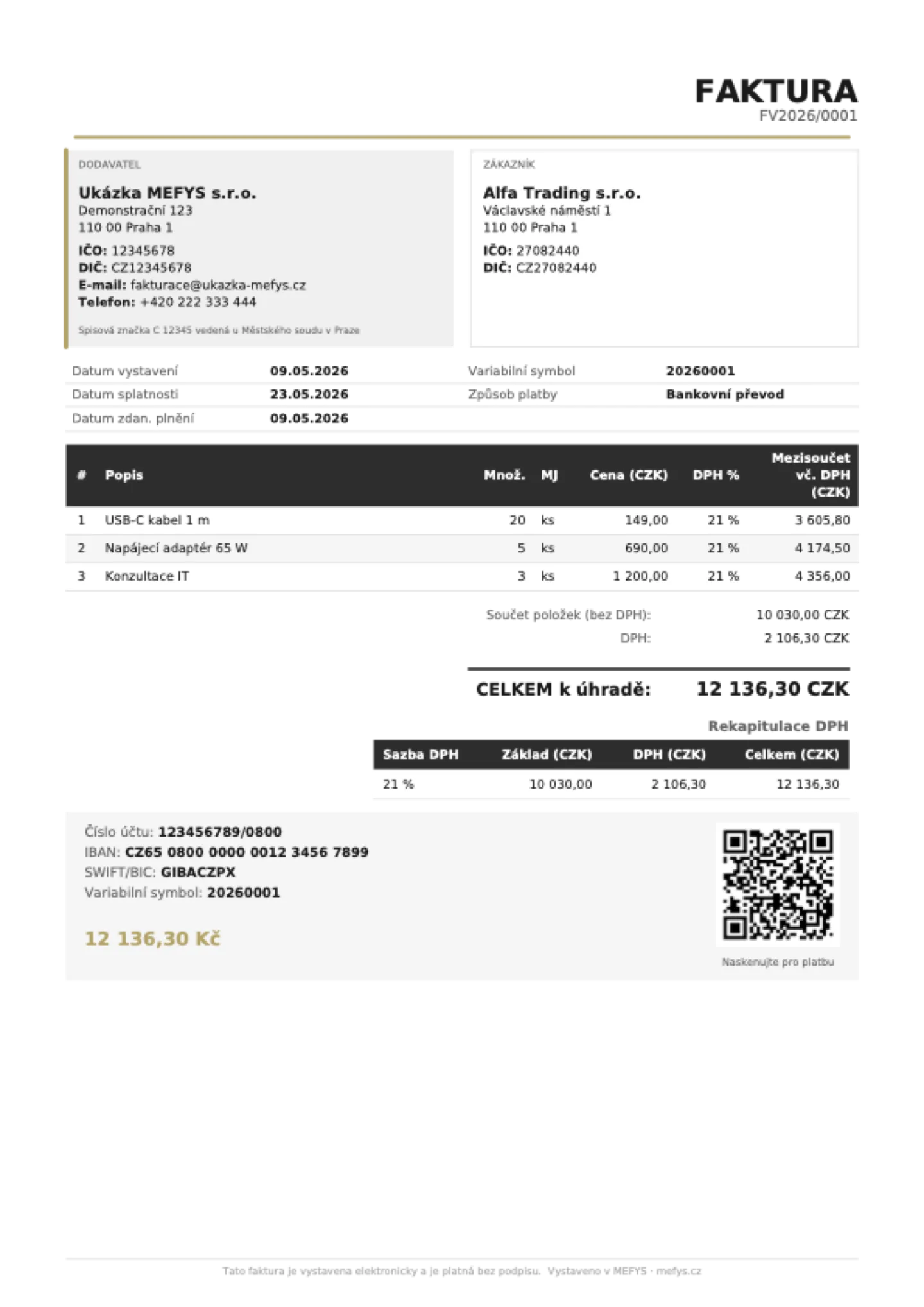PDF faktury — zákazník naskenuje QR a zaplatí
